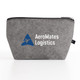 A grey felt pouch with a zipper, featuring a logo on the side. Suitable for toiletries and accessories.