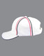 A white structured cap featuring tri-colour detailing with red and black stripes. Includes a logo.