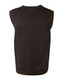 A dark brown v-neck wool and acrylic knit vest featuring a sleeveless design and ribbed hem.