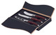 A set of three Bordeaux cheese knives with silver blades and dark wooden handles, packaged in a stylish black box.