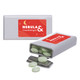 A mint tin with a silver exterior and red label, containing light green spearmint mints.