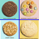 Four cookie varieties displayed on a pastel background: Triple Chocolate Chip, Rainbow Chocolate Chip, Chewy Anzac, and White Chocolate Macadamia.