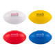 A set of four football stress relievers in red, blue, yellow, and white, featuring a logo.