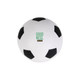 A white soccer ball stress reliever with black patches and a logo on one side.