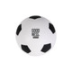 A white soccer ball stress reliever featuring black pentagon patches and a logo on one side.