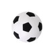 A white and black soccer ball stress reliever with a traditional hexagonal design and a logo.