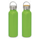 A drink bottle in vibrant green with a stainless steel lid and a bamboo top, featuring a logo.