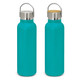 A drink bottle in a vibrant teal colour with a stainless steel lid and a wooden top, featuring a logo.