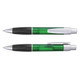 A green plastic pen with silver accents, featuring a push button and a grip section. It has a branding logo on the barrel.