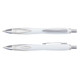 A set of Neo Pens in white plastic, featuring a sleek design with silver accents and a click mechanism.
