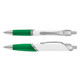 A green and white plastic pen with a silver clip and accents, featuring a sleek design.