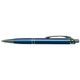 A metal pen in a sleek blue design with a textured grip and a silver clip.