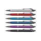 A collection of six metal pens in silver, red, blue, purple, and black, featuring different textures and a logo.