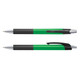 A green plastic pen with a black grip and silver accents, featuring a logo on the barrel.