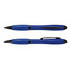 A blue stylus pen with a black tip and clip, featuring a sleek design and smooth finish.