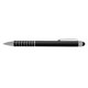 A black stylus pen with silver accents and a rubber tip for touchscreens. Features a clip and decorative lines.