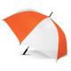 A sports umbrella featuring a vibrant orange and white design, with a sturdy black handle and a branding logo.