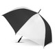 A sports umbrella featuring a black and white design, with a curved handle and a sturdy frame. It has a logo.