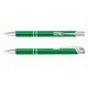 A green metal pen with silver accents, featuring a clip and sleek design, including a logo.