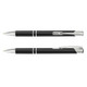 A metal pen in black with silver accents, featuring a sleek design and a logo on the barrel.