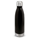 A drink bottle with a sleek black exterior and a silver cap, featuring a stainless steel base for durability.