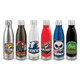 A drink bottle collection featuring silver, black, red, white, dark green, and blue designs with various logos and branding.