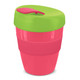 A drink bottle featuring a pink body and a green lid with a straw opening, equipped with a branding logo. A drink bottle featuring a pink body and a green lid with a straw opening, equipped with a branding logo.