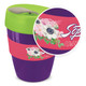 A drink bottle with a purple body, green lid, and floral design on the band. It features a logo. A drink bottle with a purple body, green lid, and floral design on the band. It features a logo.