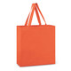 An orange cotton tote bag with two sturdy handles and a simple, unembellished design. An orange cotton tote bag with two sturdy handles and a simple, unembellished design.