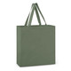 A green cotton tote bag with two sturdy handles and a simple design. It features a logo on one side. A green cotton tote bag with two sturdy handles and a simple design. It features a logo on one side.