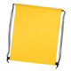 A yellow drawstring backpack with black cords, featuring a simple design. It has a branding logo.