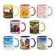 A collection of eight coffee mugs in various colours and designs, featuring different patterns and a logo on each mug.