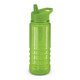 A drink bottle in vibrant green with a straw and cap, featuring a textured grip and a logo.
