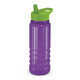 A drink bottle in purple with a green spout and a sturdy design. It features a logo on the side.