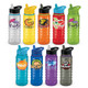 A drink bottle collection featuring various colours: yellow, orange, green, blue, purple, and clear, each with a logo.