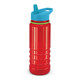 A drink bottle with a bright red body, blue lid, and green accent, featuring a spout and a textured grip.