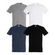 A collection of four adult T-shirts in grey, white, navy, and black, featuring simple designs and various colours.