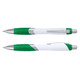 A white pen with green accents and a silver clip, featuring a textured grip and a logo.