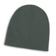 A grey cable knit beanie with a ribbed texture, featuring a logo or branding on the side.