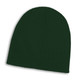 A green cable knit beanie with a ribbed texture and a logo.