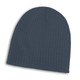 A grey cable knit beanie featuring a ribbed design and a rounded crown. It includes branding on the inside.