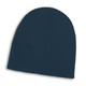 A navy blue cable knit beanie featuring a ribbed texture and a logo on the side.