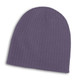 A purple cable knit beanie with a ribbed texture and a rounded top. It features a logo.