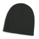 A black cable knit beanie with a ribbed texture and a branding logo.