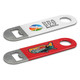 A drink bottle opener featuring a white and a red design, each with a logo, and a metal bottle opening end. A drink bottle opener featuring a white and a red design, each with a logo, and a metal bottle opening end.