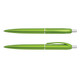 A green plastic pen with a sleek design, featuring a clip and a shiny silver tip. It has a simple branding logo.