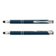 A metal stylus pen in a dark blue finish, featuring silver accents and a clip, with a logo.