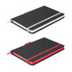 A two-tone notebook featuring a black cover with white or red accents and an elastic band closure.
