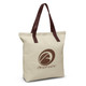 A beige tote bag with brown handles featuring a logo on the front. A beige tote bag with brown handles featuring a logo on the front.