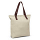 A cream tote bag with brown leather handles. The bag has a simple design and without any logos. A cream tote bag with brown leather handles. The bag has a simple design and without any logos.
